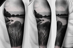 On my left arm, a sleeve tattoo of the Murray River with a Eucalyptus camaldulensis in the foreground during sunset. tattoo idea
