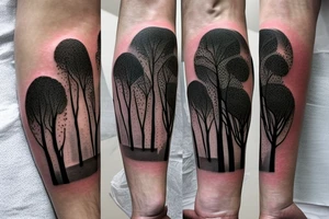 On my left arm, a sleeve tattoo of the Murray River with a Eucalyptus camaldulensis in the foreground during sunset. tattoo idea
