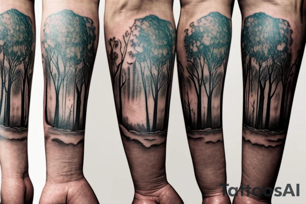On my left arm, a sleeve tattoo of the Murray River with a Eucalyptus camaldulensis in the foreground during sunset. tattoo idea