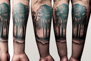 On my left arm, a sleeve tattoo of the Murray River with a Eucalyptus camaldulensis in the foreground during sunset. tattoo idea