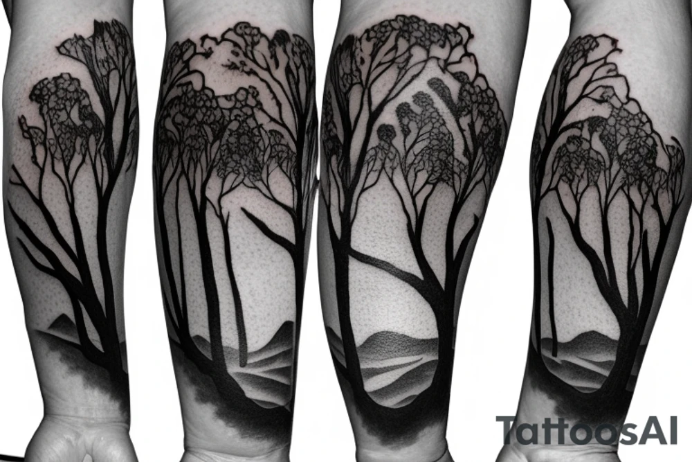 On my left arm, a sleeve tattoo of the Murray River with a Eucalyptus camaldulensis in the foreground during sunset. tattoo idea