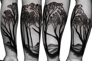 On my left arm, a sleeve tattoo of the Murray River with a Eucalyptus camaldulensis in the foreground during sunset. tattoo idea