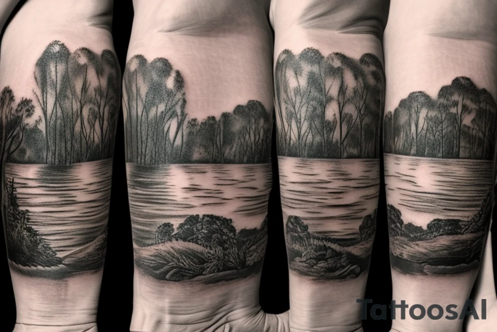 On my left arm, a sleeve tattoo of the Murray River with a Eucalyptus camaldulensis in the foreground during sunset. tattoo idea