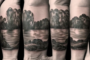 On my left arm, a sleeve tattoo of the Murray River with a Eucalyptus camaldulensis in the foreground during sunset. tattoo idea