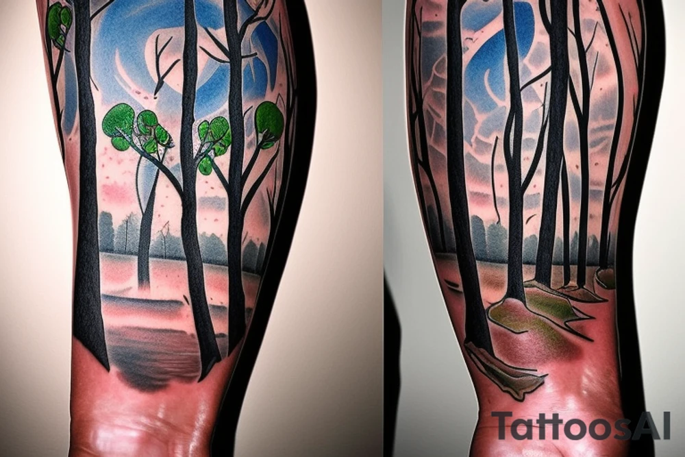 On my left arm, a sleeve tattoo of the Murray River with a Eucalyptus camaldulensis in the foreground during sunset. tattoo idea