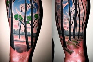 On my left arm, a sleeve tattoo of the Murray River with a Eucalyptus camaldulensis in the foreground during sunset. tattoo idea