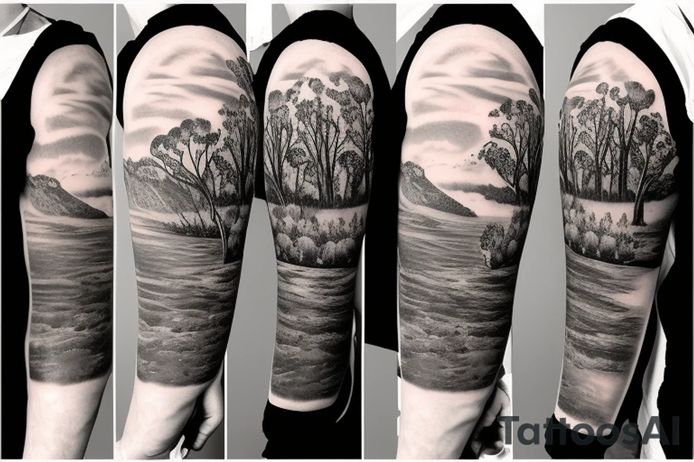 On my left arm, a sleeve tattoo of the Murray River with a Eucalyptus camaldulensis in the foreground during sunset. tattoo idea