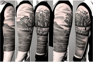 On my left arm, a sleeve tattoo of the Murray River with a Eucalyptus camaldulensis in the foreground during sunset. tattoo idea