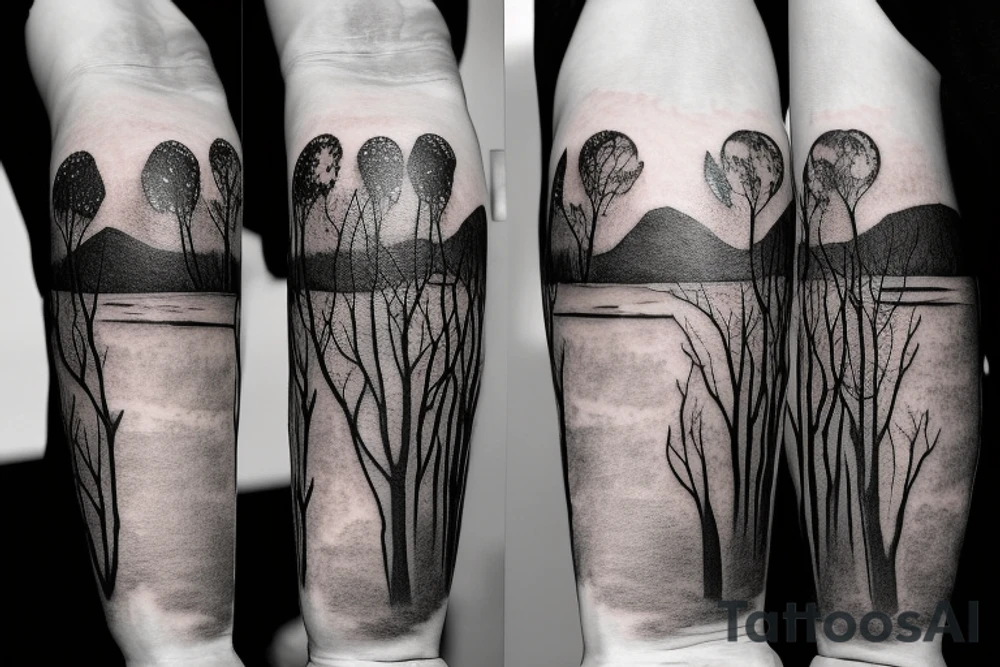On my left arm, a sleeve tattoo of the Murray River with a Eucalyptus camaldulensis in the foreground during sunset. tattoo idea