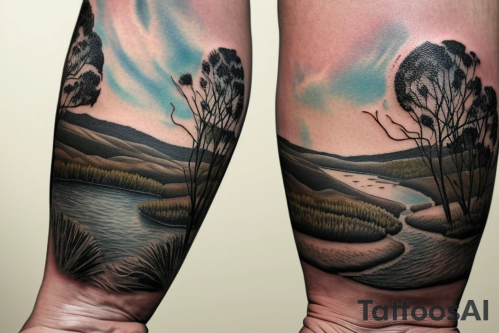On my left arm, a sleeve tattoo of the Murray River with a Eucalyptus camaldulensis in the foreground during sunset. tattoo idea