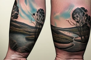 On my left arm, a sleeve tattoo of the Murray River with a Eucalyptus camaldulensis in the foreground during sunset. tattoo idea