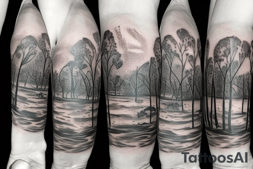 On my left arm, a sleeve tattoo of the Murray River with a Eucalyptus camaldulensis in the foreground during sunset. tattoo idea