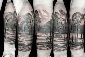 On my left arm, a sleeve tattoo of the Murray River with a Eucalyptus camaldulensis in the foreground during sunset. tattoo idea