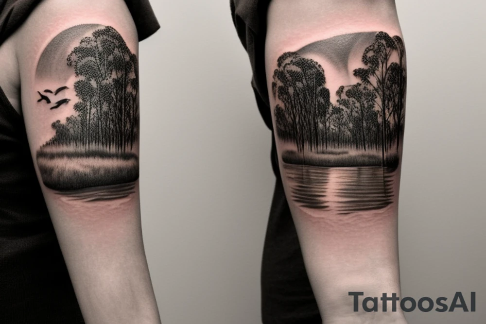 On my left arm, a sleeve tattoo of the Murray River with a Eucalyptus camaldulensis in the foreground during sunset. tattoo idea