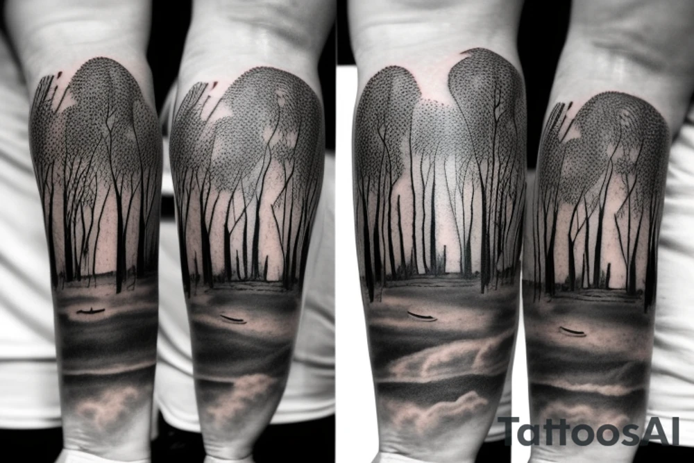 On my left arm, a sleeve tattoo of the Murray River with a Eucalyptus camaldulensis in the foreground during sunset. tattoo idea