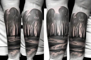 On my left arm, a sleeve tattoo of the Murray River with a Eucalyptus camaldulensis in the foreground during sunset. tattoo idea