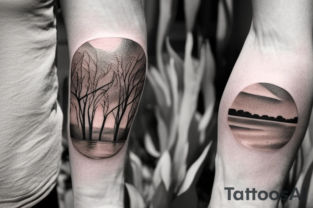 On my left arm, a sleeve tattoo of the Murray River with a Eucalyptus camaldulensis in the foreground during sunset. tattoo idea