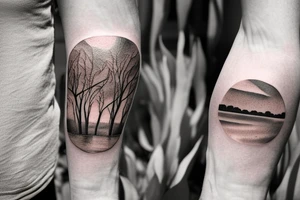 On my left arm, a sleeve tattoo of the Murray River with a Eucalyptus camaldulensis in the foreground during sunset. tattoo idea