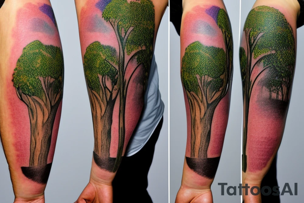 On my left arm, a sleeve tattoo of the Murray River with a Eucalyptus camaldulensis in the foreground during sunset. tattoo idea