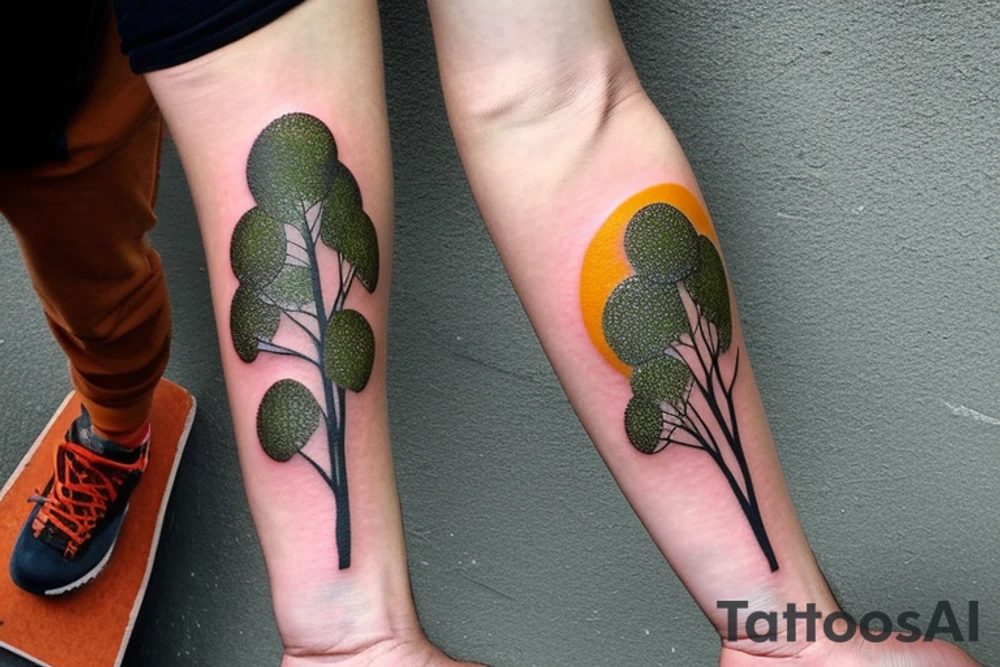 On my left arm, a sleeve tattoo of the Murray River with a Eucalyptus camaldulensis in the foreground during sunset. tattoo idea