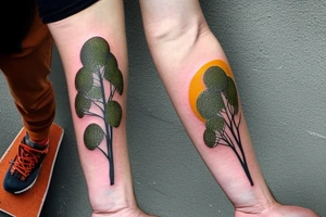 On my left arm, a sleeve tattoo of the Murray River with a Eucalyptus camaldulensis in the foreground during sunset. tattoo idea