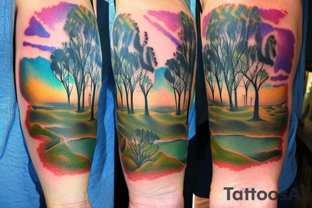 On my left arm, a sleeve tattoo of the Murray River with a Eucalyptus camaldulensis in the foreground during sunset. tattoo idea