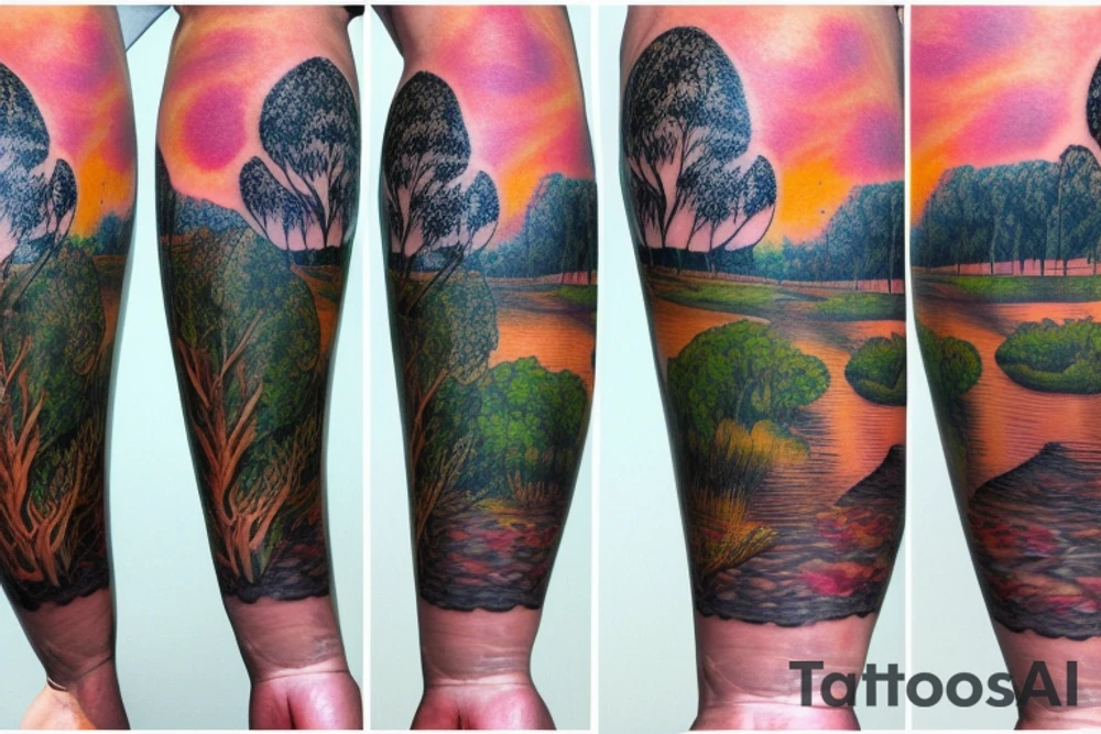 On my left arm, a sleeve tattoo of the Murray River with a Eucalyptus camaldulensis in the foreground during sunset. tattoo idea