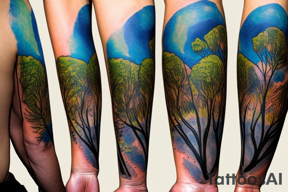 On my left arm, a sleeve tattoo of the Murray River with a Eucalyptus camaldulensis in the foreground during sunset. tattoo idea