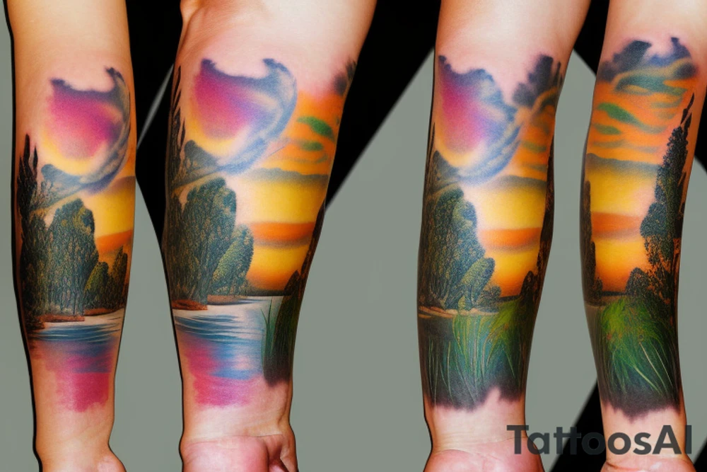 On my left arm, a sleeve tattoo of the Murray River with a Eucalyptus camaldulensis in the foreground during sunset. tattoo idea