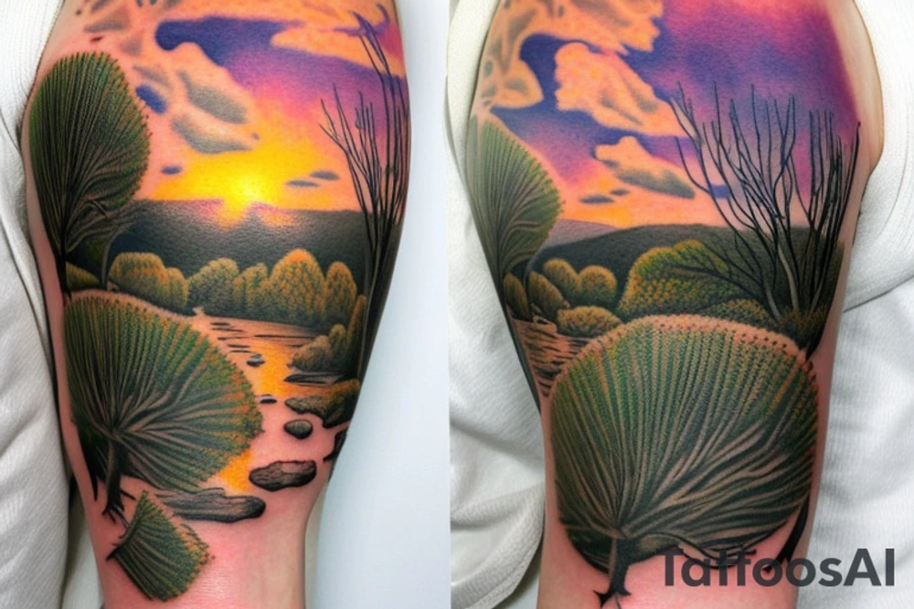 On my left arm, a sleeve tattoo of the Murray River with a Eucalyptus camaldulensis in the foreground during sunset. tattoo idea