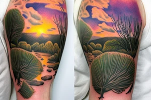 On my left arm, a sleeve tattoo of the Murray River with a Eucalyptus camaldulensis in the foreground during sunset. tattoo idea