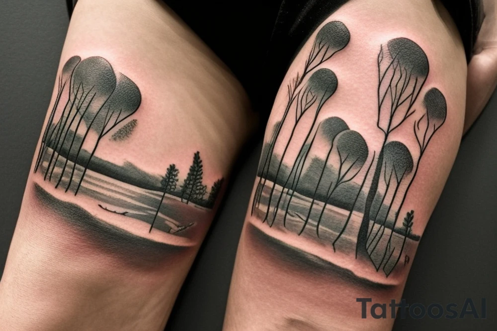 On my left arm, a sleeve tattoo of the Murray River with a Eucalyptus camaldulensis in the foreground during sunset. tattoo idea