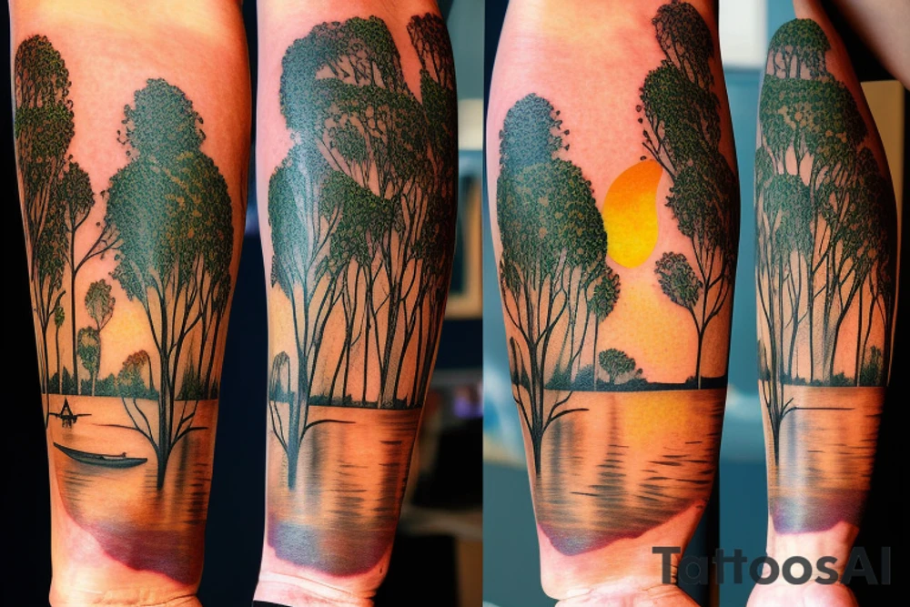 On my left arm, a sleeve tattoo of the Murray River with a Eucalyptus camaldulensis in the foreground during sunset. tattoo idea