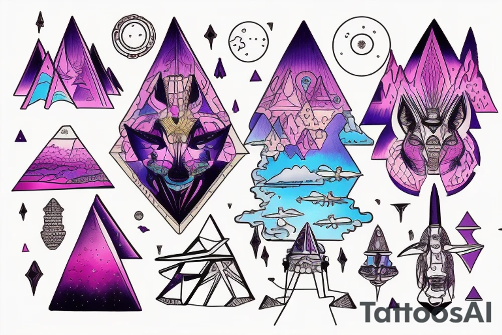 Anubis surrounded by pyramid spaceships, planets, trees, with the ocean below Anubis. Pink and blue clouds in sky with sunshine behind Anubis head. tattoo idea
