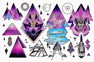 Anubis surrounded by pyramid spaceships, planets, trees, with the ocean below Anubis. Pink and blue clouds in sky with sunshine behind Anubis head. tattoo idea
