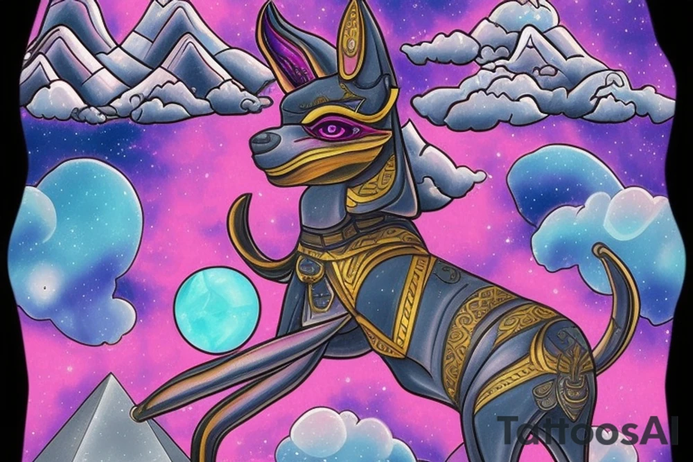 Anubis surrounded by pyramid spaceships, planets, trees, with the ocean below Anubis. Pink and blue clouds in sky with sunshine behind Anubis head. tattoo idea