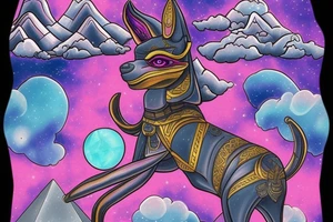 Anubis surrounded by pyramid spaceships, planets, trees, with the ocean below Anubis. Pink and blue clouds in sky with sunshine behind Anubis head. tattoo idea
