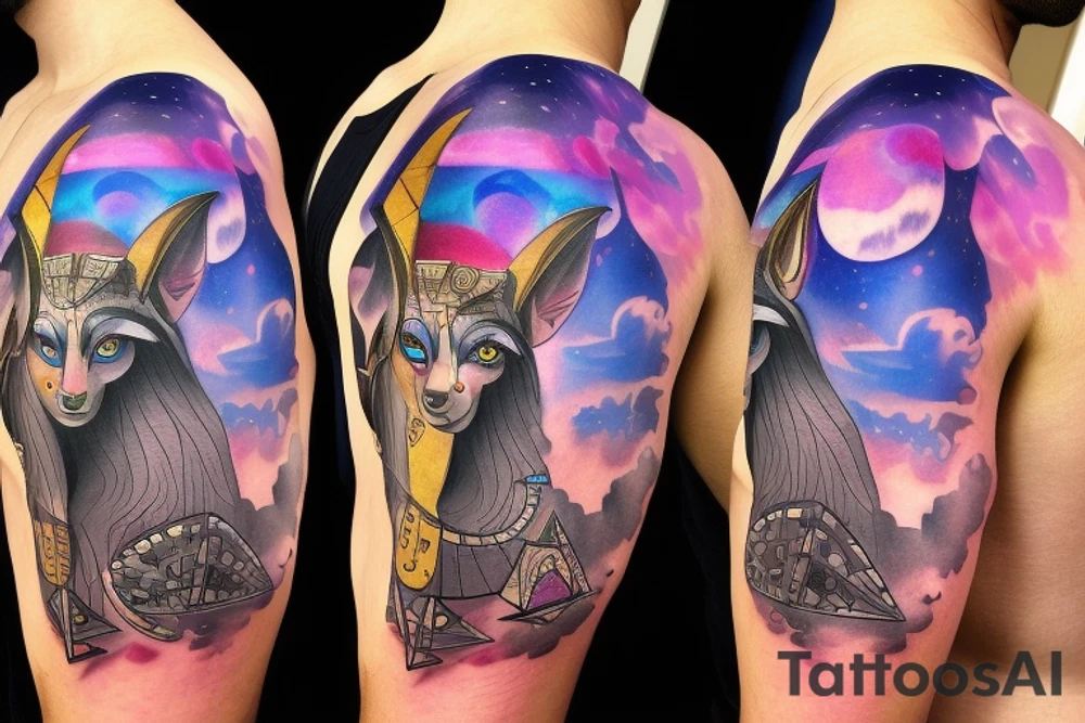 Anubis surrounded by pyramid spaceships and planets with the sunset behind his head. Pink and blue clouds in sky with trees in background and an ocean below Anubis. tattoo idea