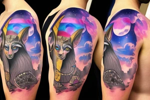 Anubis surrounded by pyramid spaceships and planets with the sunset behind his head. Pink and blue clouds in sky with trees in background and an ocean below Anubis. tattoo idea