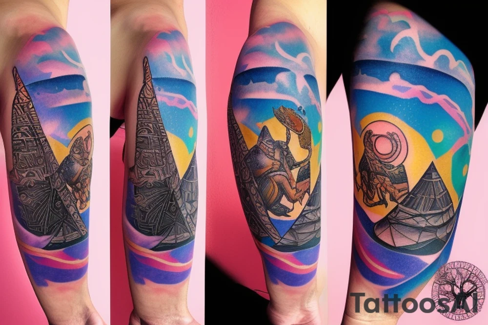 Anubis surrounded by pyramid spaceships and planets with the sunset behind his head. Pink and blue clouds in sky with trees in background and an ocean below Anubis. tattoo idea