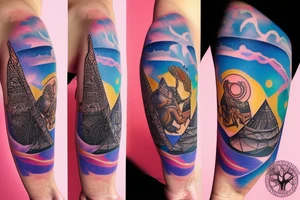 Anubis surrounded by pyramid spaceships and planets with the sunset behind his head. Pink and blue clouds in sky with trees in background and an ocean below Anubis. tattoo idea