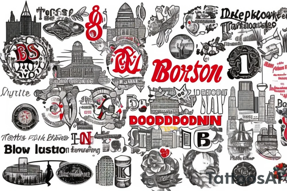 A tattoo depicting the years I spent in Boston (Massachusetts) and my love for the city and the independence it gave me. things and/or logos to try to include in the tattoo: snow, Dunkin Donuts, Qdoba, the Boston city Skyline, and the T-line logo in Boston tattoo idea