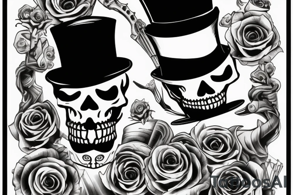 A skeleton wearing a top hat while shooting a double-barrelled shotgun. tattoo idea