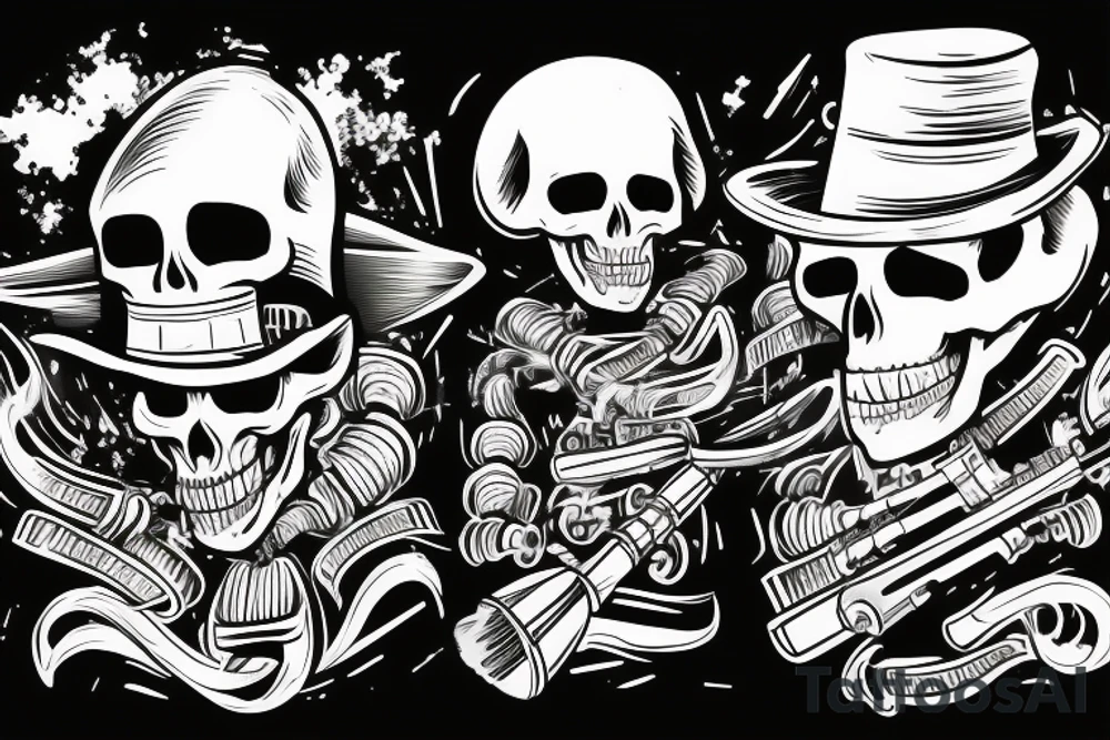 A skeleton wearing a top hat while shooting a double-barrelled shotgun. tattoo idea