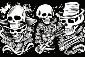 A skeleton wearing a top hat while shooting a double-barrelled shotgun. tattoo idea