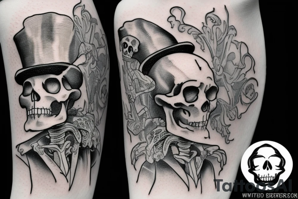 A skeleton wearing a top hat while shooting a double-barrelled shotgun. tattoo idea A skeleton wearing a top hat while shooting a double-barrelled shotgun. tattoo idea