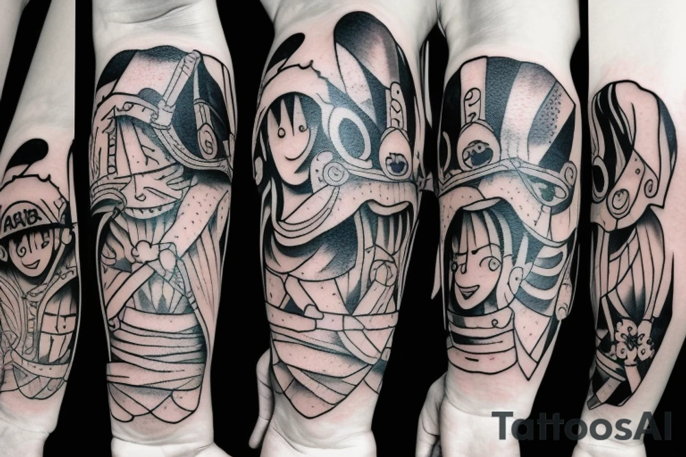 Design me an arm tattoo in which luffy is crying over ace's death and remembering his friends or crewmates tattoo idea