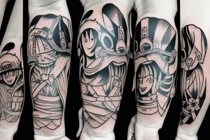 Design me an arm tattoo in which luffy is crying over ace's death and remembering his friends or crewmates tattoo idea