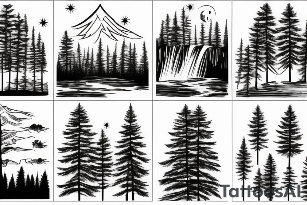 Waterfall into river pine trees tattoo idea