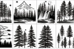 Waterfall into river pine trees tattoo idea